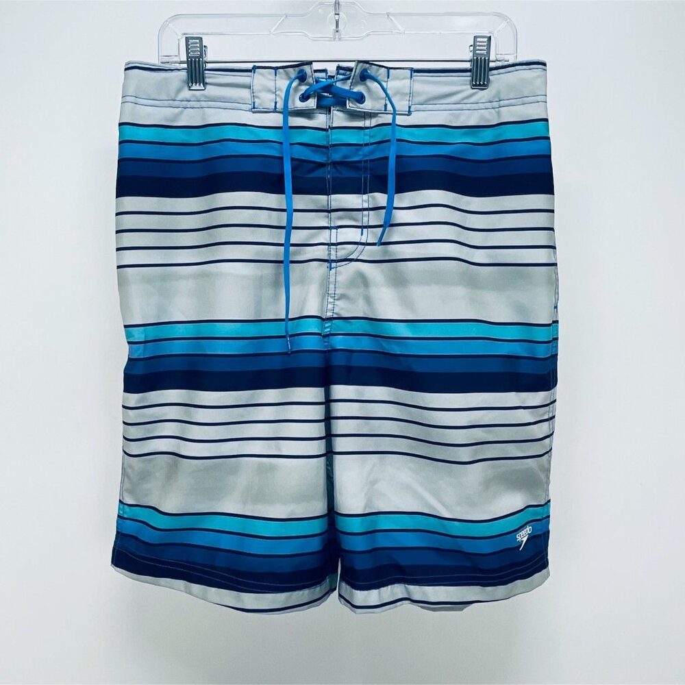 Speedo Men's Swimming Trunks SZ Large Lined Gray And Blue Elastic Waist pockets